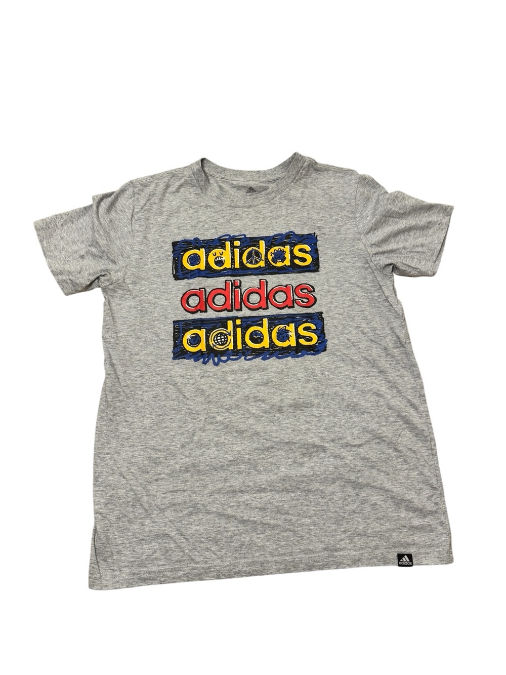 adidas | Light Gray Short Sleeve Tee with Yellow, Red & Blue Logo Size XL